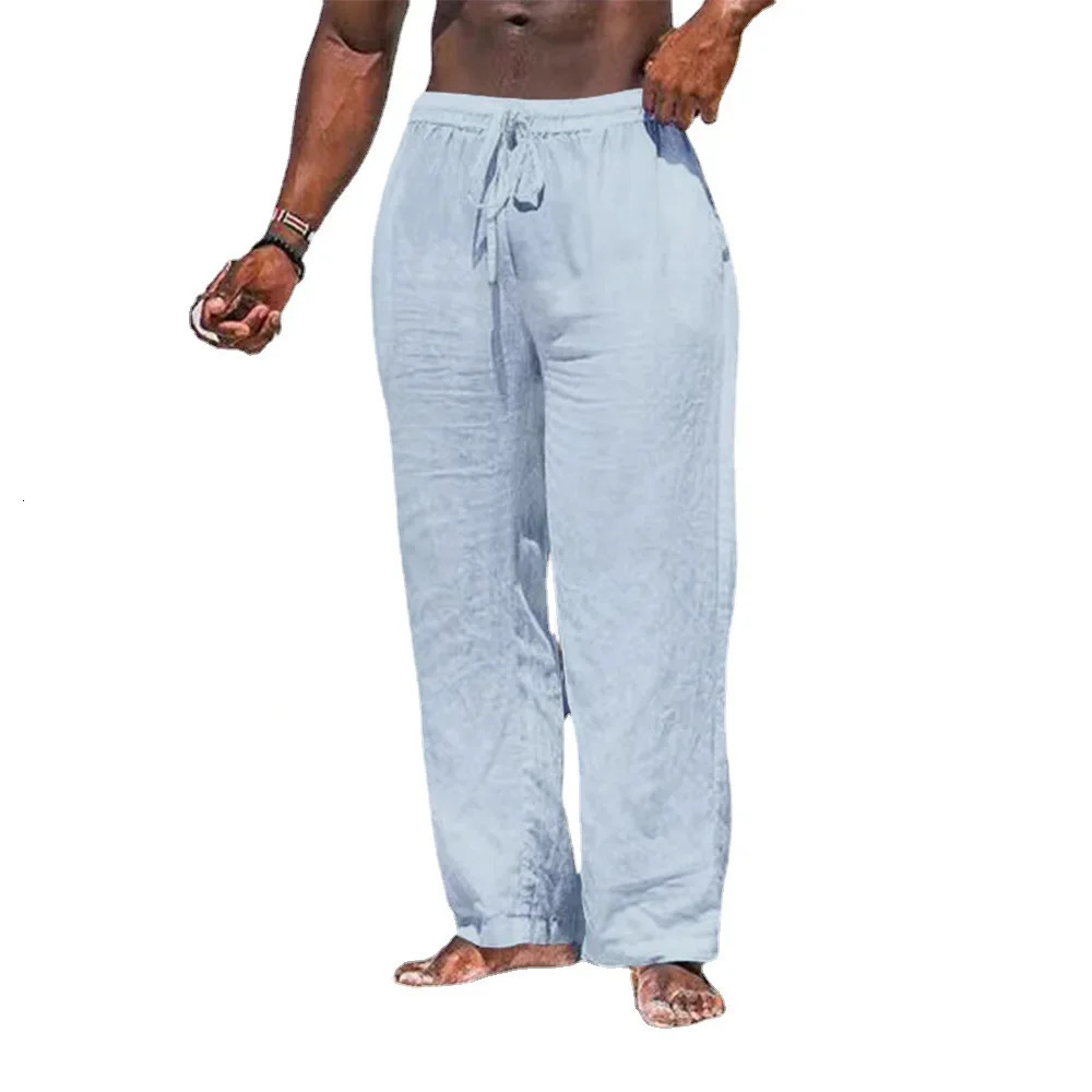 Mens Cotton Linen Pants Casual Loose Straight Lightweight Drawstring Beach Trousers 250515