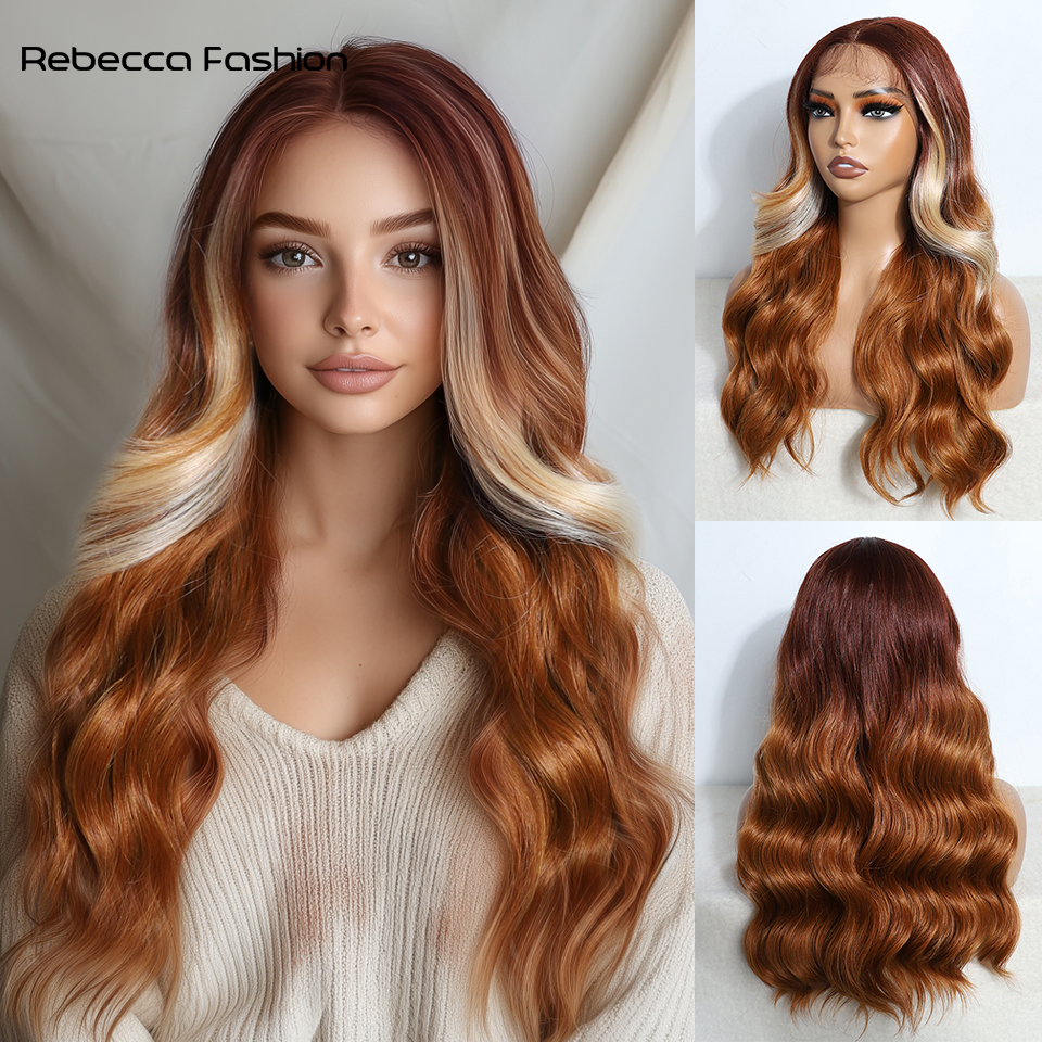 Rebecca Fashion 22 Inch Brown Ombre Blonde Wig for Women Synthetic lace Front Wavy wigs, Easy to Wear, Straight Style for Festival