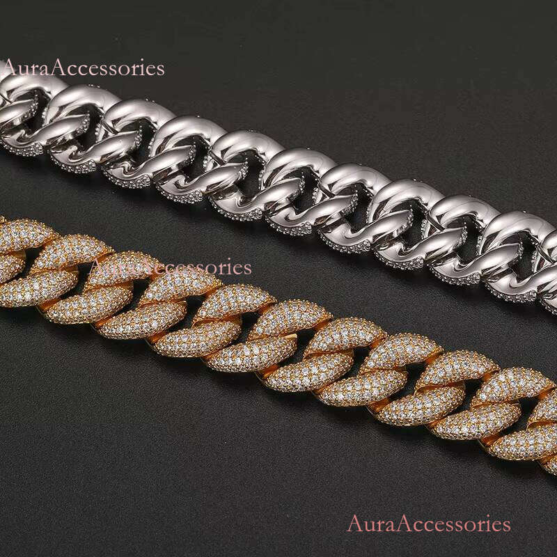 Men Jewelry Fashion Necklace 15mm Real Gold Plated Copper Zircon CZ Dia Iced Out Cuban Link Chain