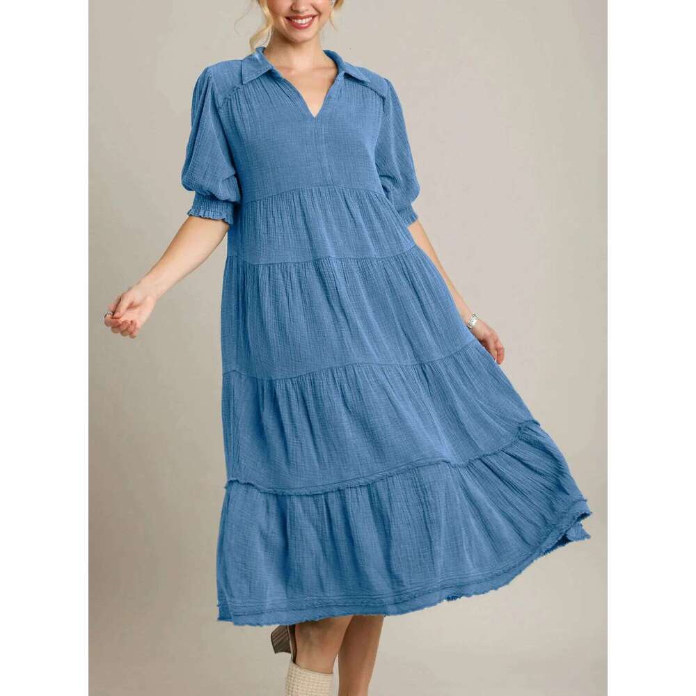 White Dress Maxi Dress 2024 New Fashionable And Comfortable Mid Sleeve V-Neck Layered Dress For Women KQ