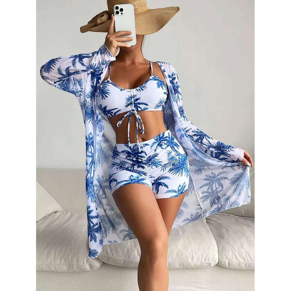Mingyi's multi colored European American mesh cover shirt fashionable sexy, leg length shorts three piece set. It women's swimsuit with vers