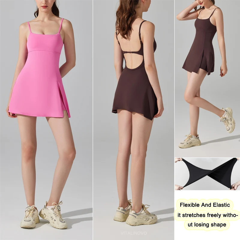 Womens Spaghetti Strap Tennis Dress Scoop Neck Workout with Builtin Bra Side Slit Active Golf Dresses VITALINOVO 250515