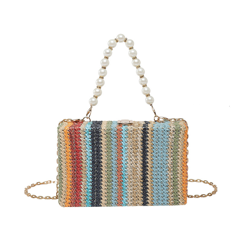 2025 Summer New Colorful Splicing Rainbow Weaving Small Square for Women, Fashionable and Versatile, Casual Chain, Single Shoulder Crossbody Bag