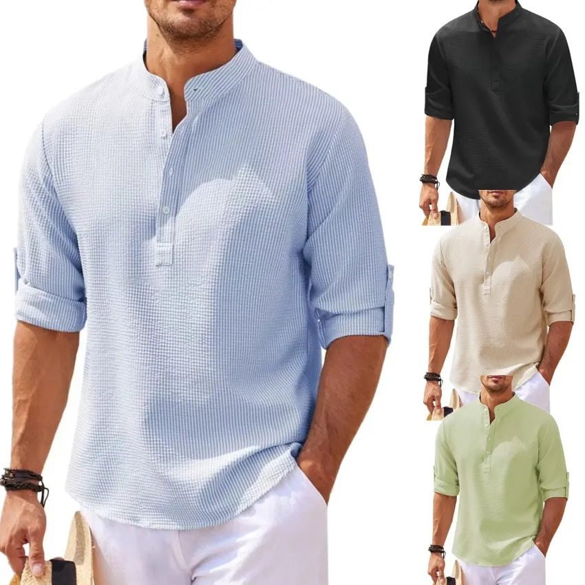 Cotton Linen Mens LongSleeved Shirts Spring Autumn Solid Color StandUp Collar Casual Beach Style Plus Size S5XL 250506Z