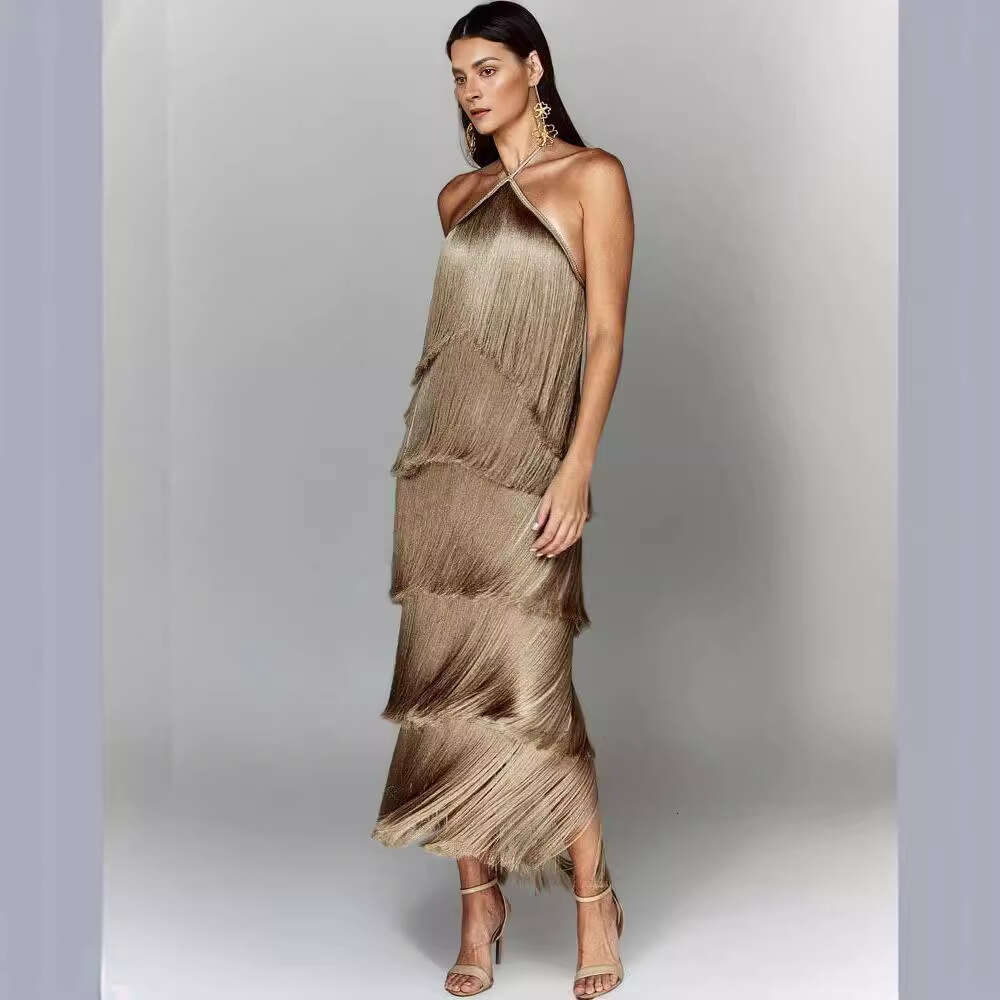White Dress Maxi Dress Gy25044 Fashion Hanging Neck Tassel Open Back Split Dress KQ