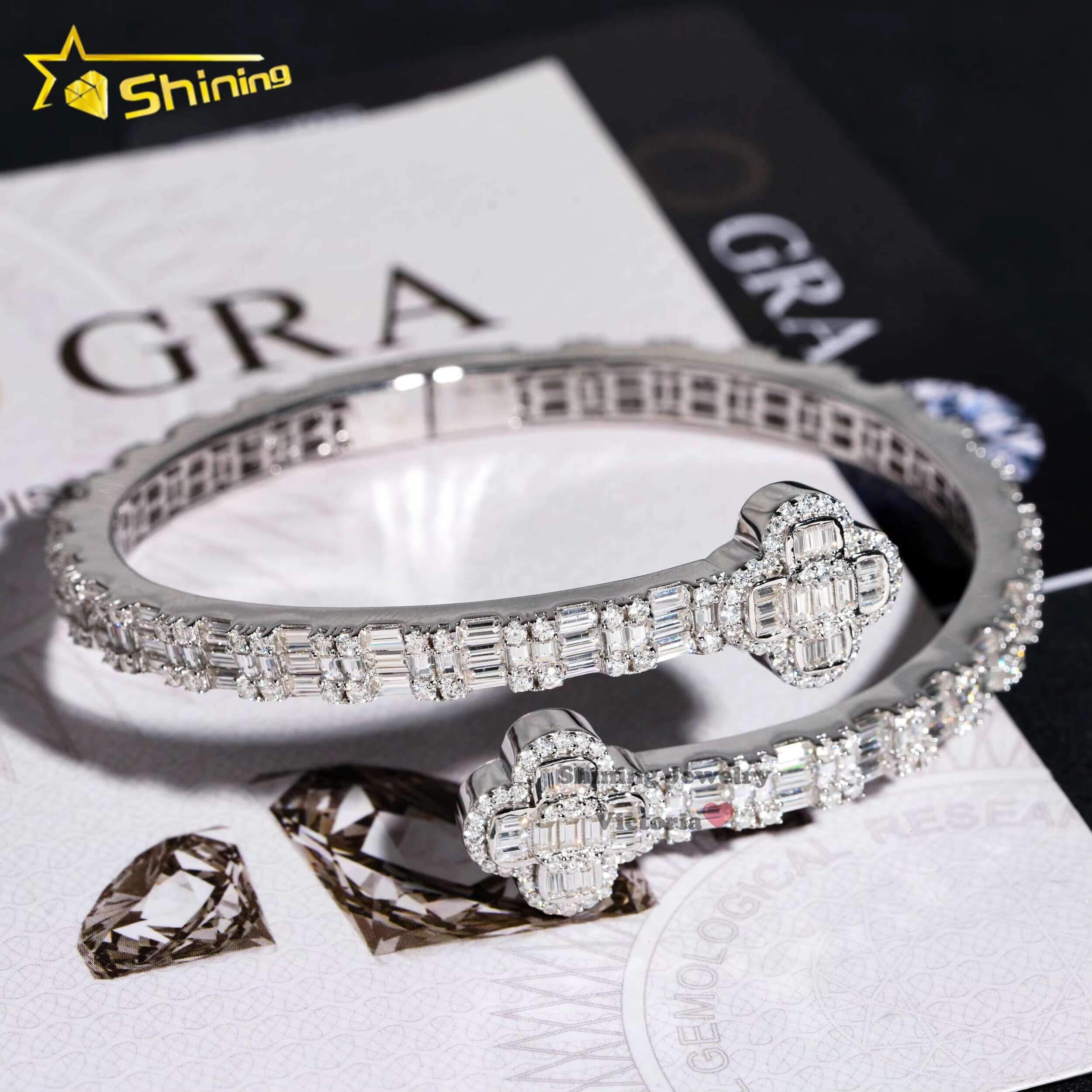 Pass Diamond Tester 14K Gold 925 Sterling Silver Baguette VVS Moissanite Iced Out Clover Cuff Bangle Bracelet for Men Women