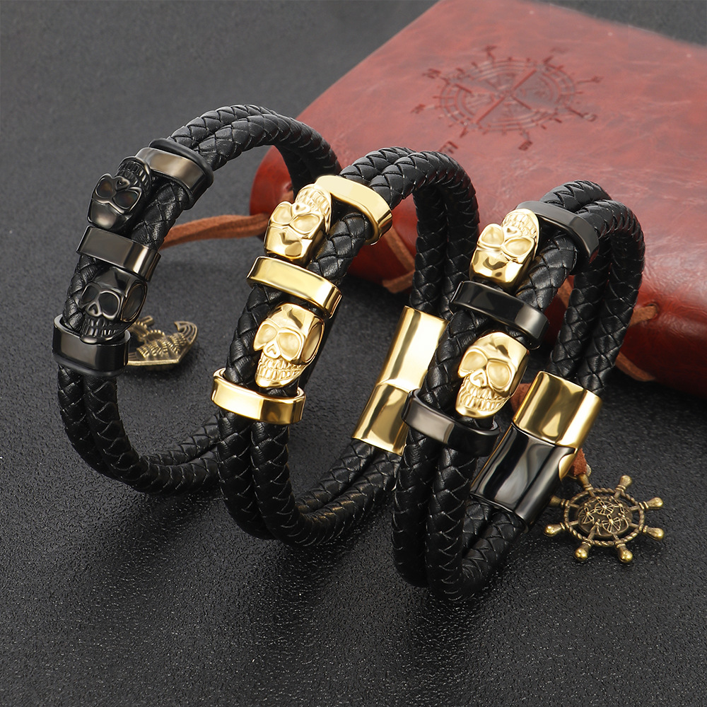 European/American Aesthetic Unisex Skeletal Motif Braid Bracelets Made from High-Quality Metal and Premium Leather