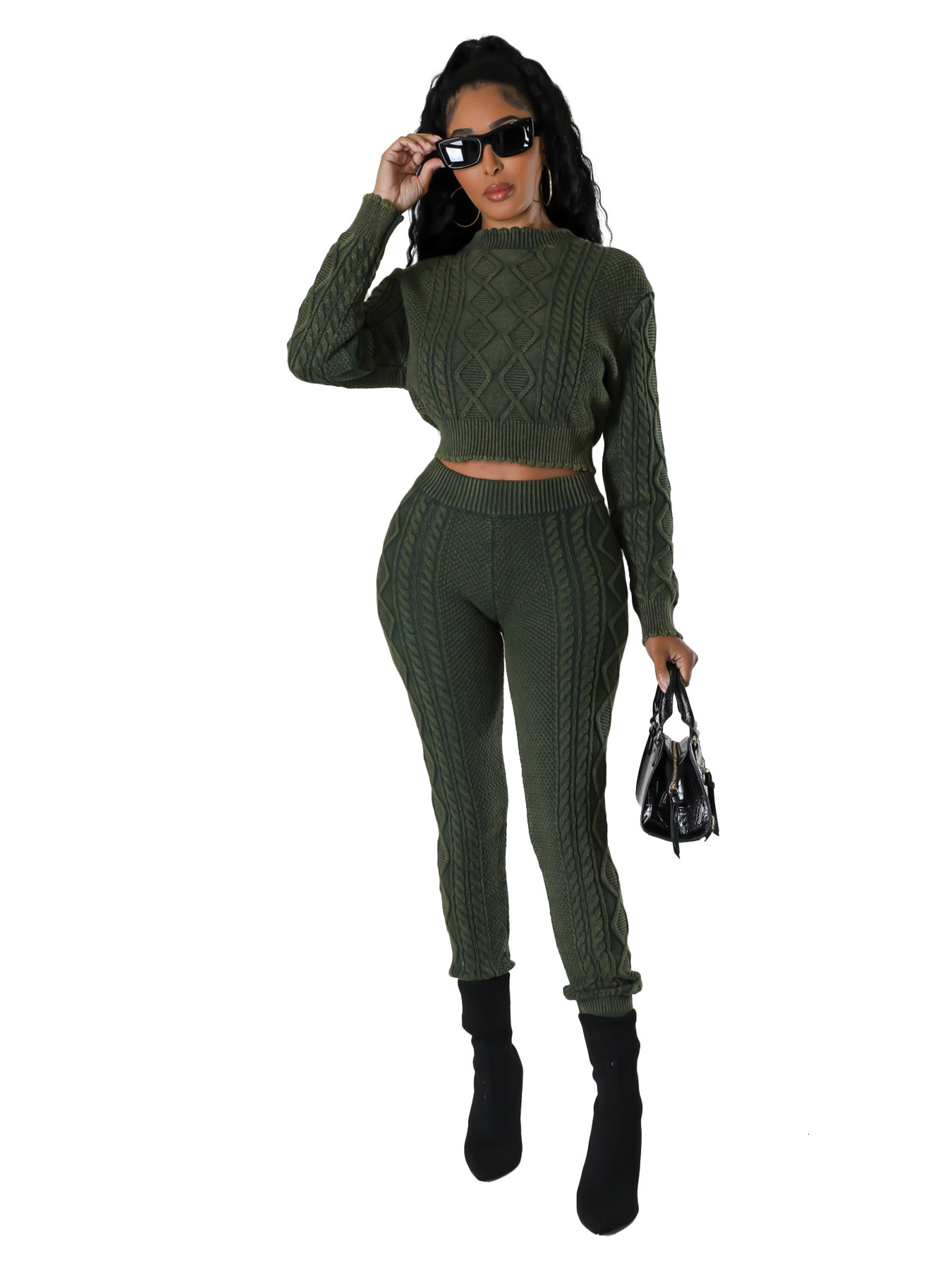 HR23111 Womens wash worn style knitting diamond Fried Dough Twists pullover sweater suit