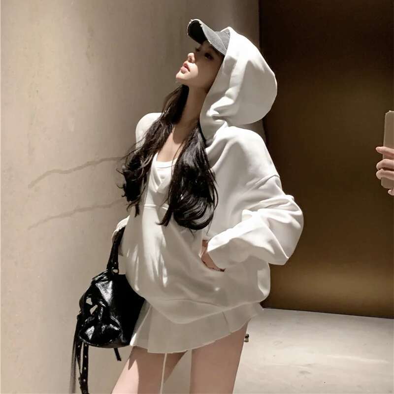 Casual Hooded Pullover Top Women Y2k V-Neck Hoodies Solid Haruku Long Sleeve Hoodie Oversized Tops Female Loose Clothing Designer
