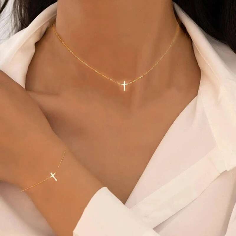 2 Pcs Exquisite Gold Color Bohemian For Women Fashion Pearl Cross Pendant Necklace Bracelet Set Casual Jewelry Gifts