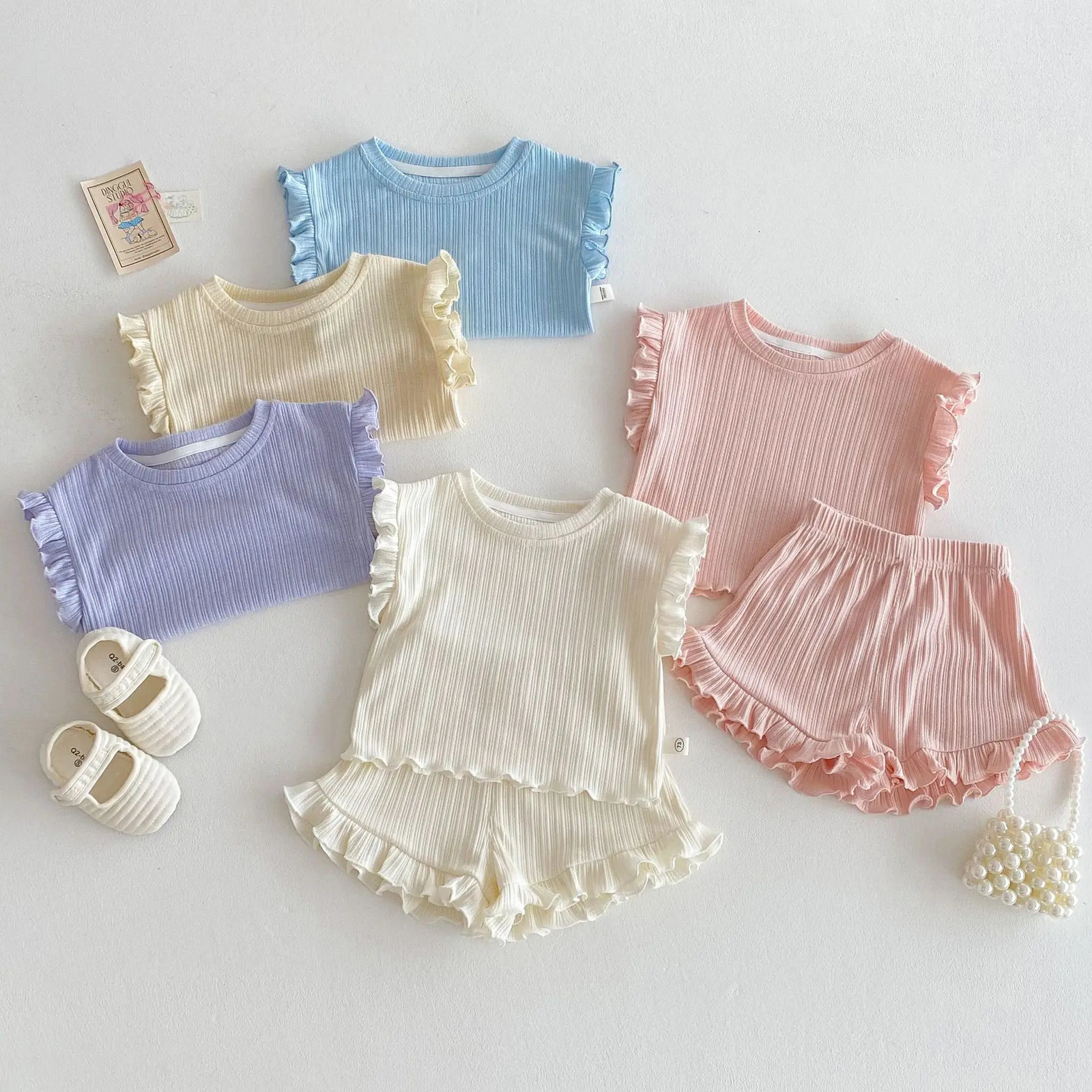 Girls Sleeveless Tees Sets Kids Solid Color Ruffled Vest Shorts 2pcs Suit Summer Baby Outfits Childrens Clothing 250515
