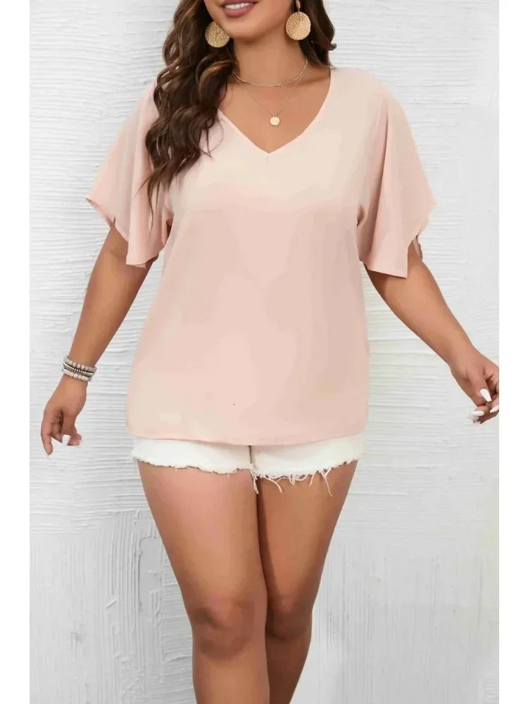 Plus Size 1XL-5XL Womens V Neck Solid Color Short Sleeve Blouse Bell Sleeve Blouse Casual Pullovers Shirt Top 250514
