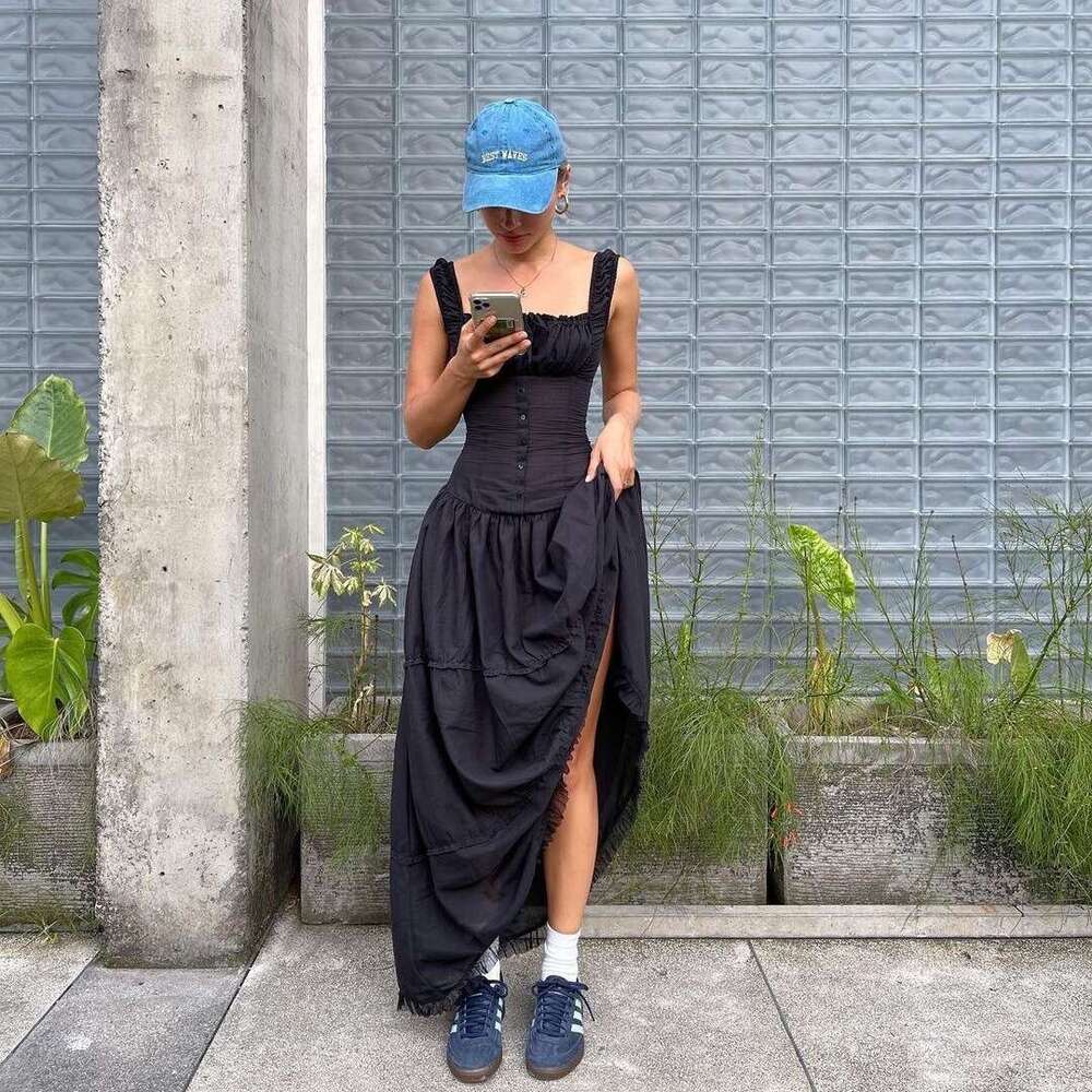 White Dress Maxi Dress Summer New Lazy Vacation Style Pleated Edge Front Button Design Extra Long High-End Goddess Dress, Big Swing Skirt KQ