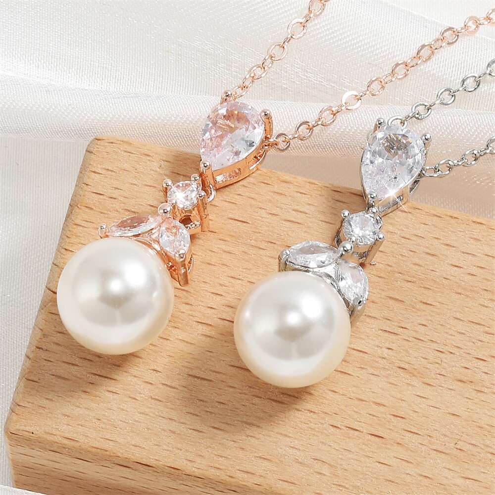 ZAKOL Elegant Clear Zircon Imitation Pearl Earring Necklaces For Women Minimalist Versatile Bridal Wedding Jewelry Set