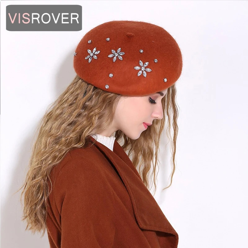 VISROVER Woman Wool Winter Beret DIY Female Rhinestone Wool Cap Autumn Winter Hat Solid Color Top Quality Women Boina Wholesales 250514