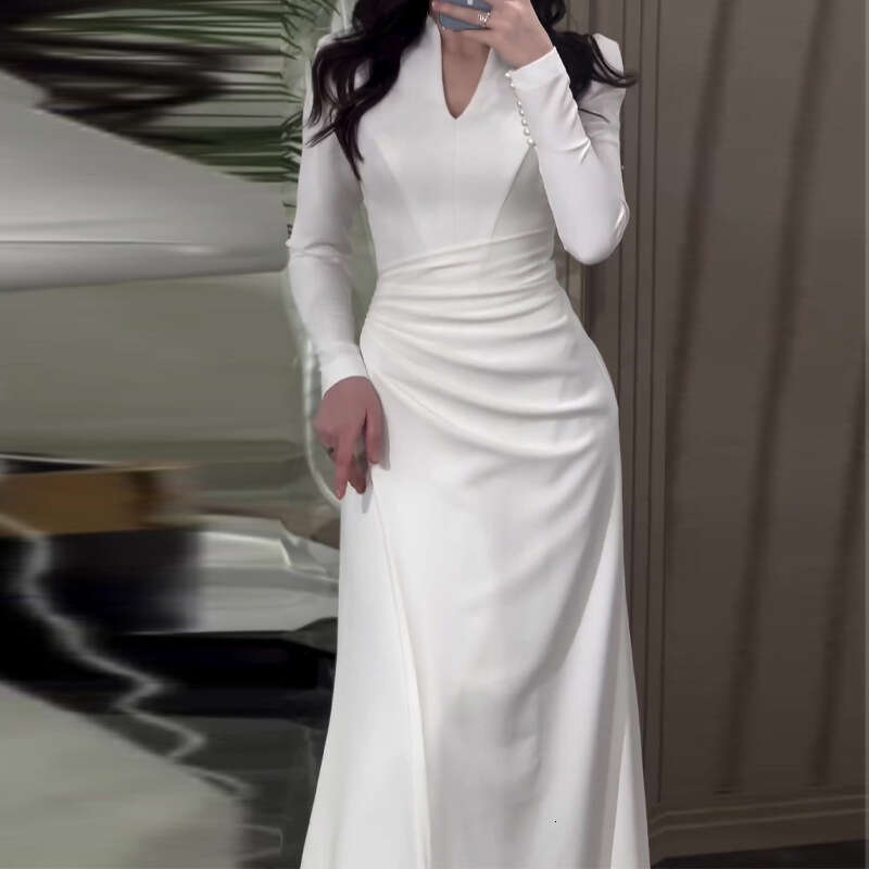 2024 Autumn New Solid Color Slim Fit Gentle Fold Long Sleeve Dress