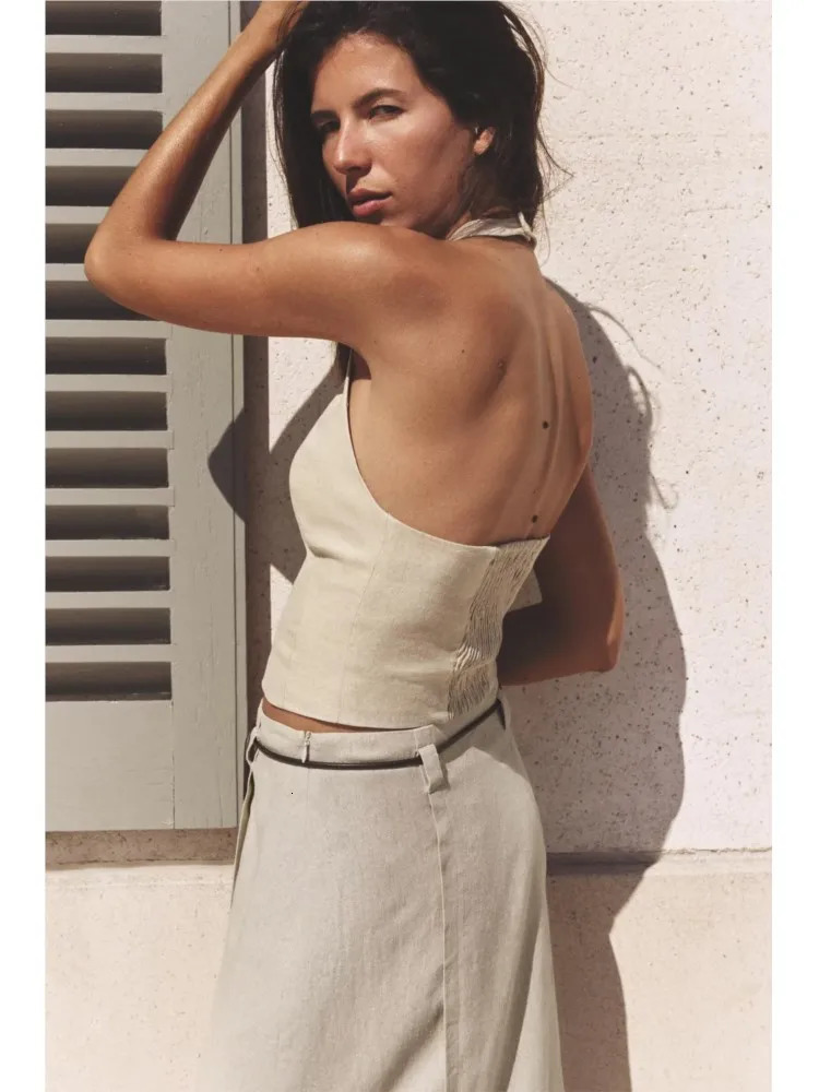 TRAF WomenSkirt Set With Belt 2 Piece Backless V Neck Halter Tops Button Long Skirts Women Two Outfit 250515
