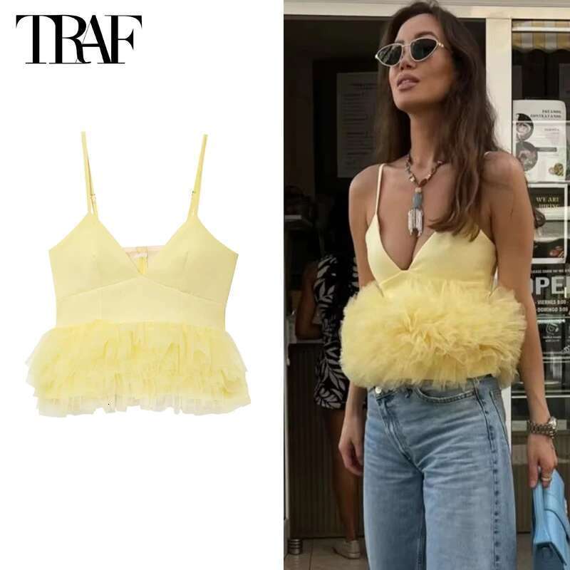 TRAF Yellow Puffy Mesh Tops for Strap Ruffle Crop Woman Sexy Backless Tulle Female Summer Camisole Short Top Women