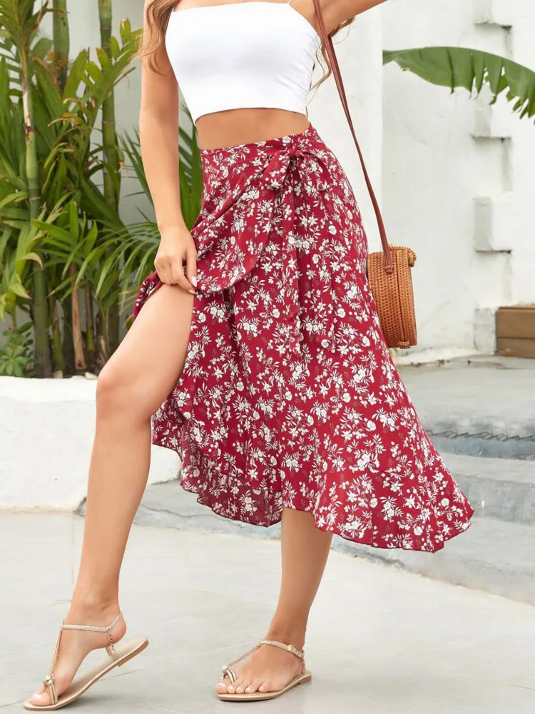 LaceUp High Waist Floral Print Skirt For Women Summer Beach Boho Irregular A Line Casual Fairycore Midi Skirts Female 250515