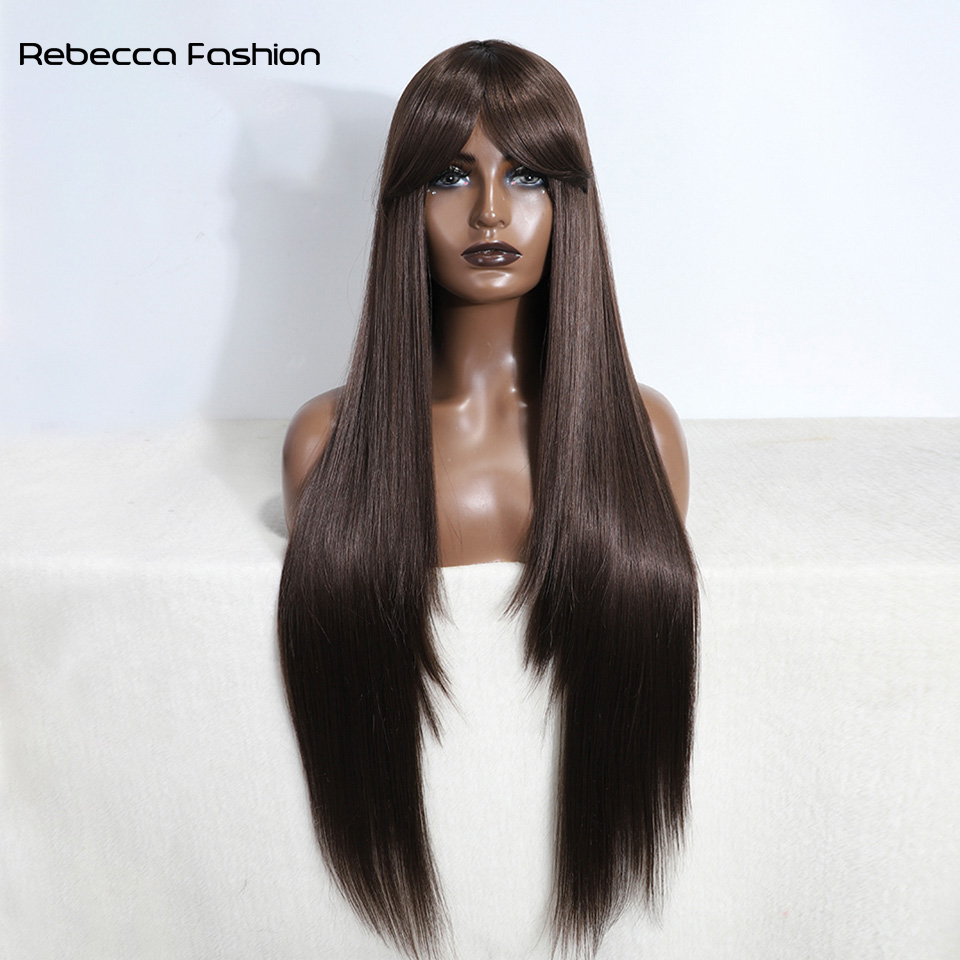 Rebecca Fashion Synthetic 30 Inch Long Straight With Bangs Ombre Brown Wig For Black Women Heat Resistant Daily Use Fake Hair