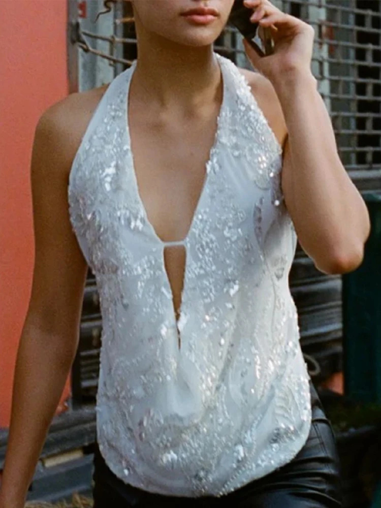 Womens Tank Summer Streetwear Fashion Vest Sequins Halter Sexy V-Neck Backless Female Casual Slim Versatile Tank Clothing 250515
