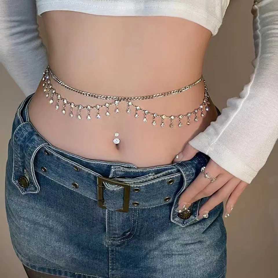 Double-layer rhinestone tassel metal waist chain accessories for women pure body chain necklace decoration Y250515