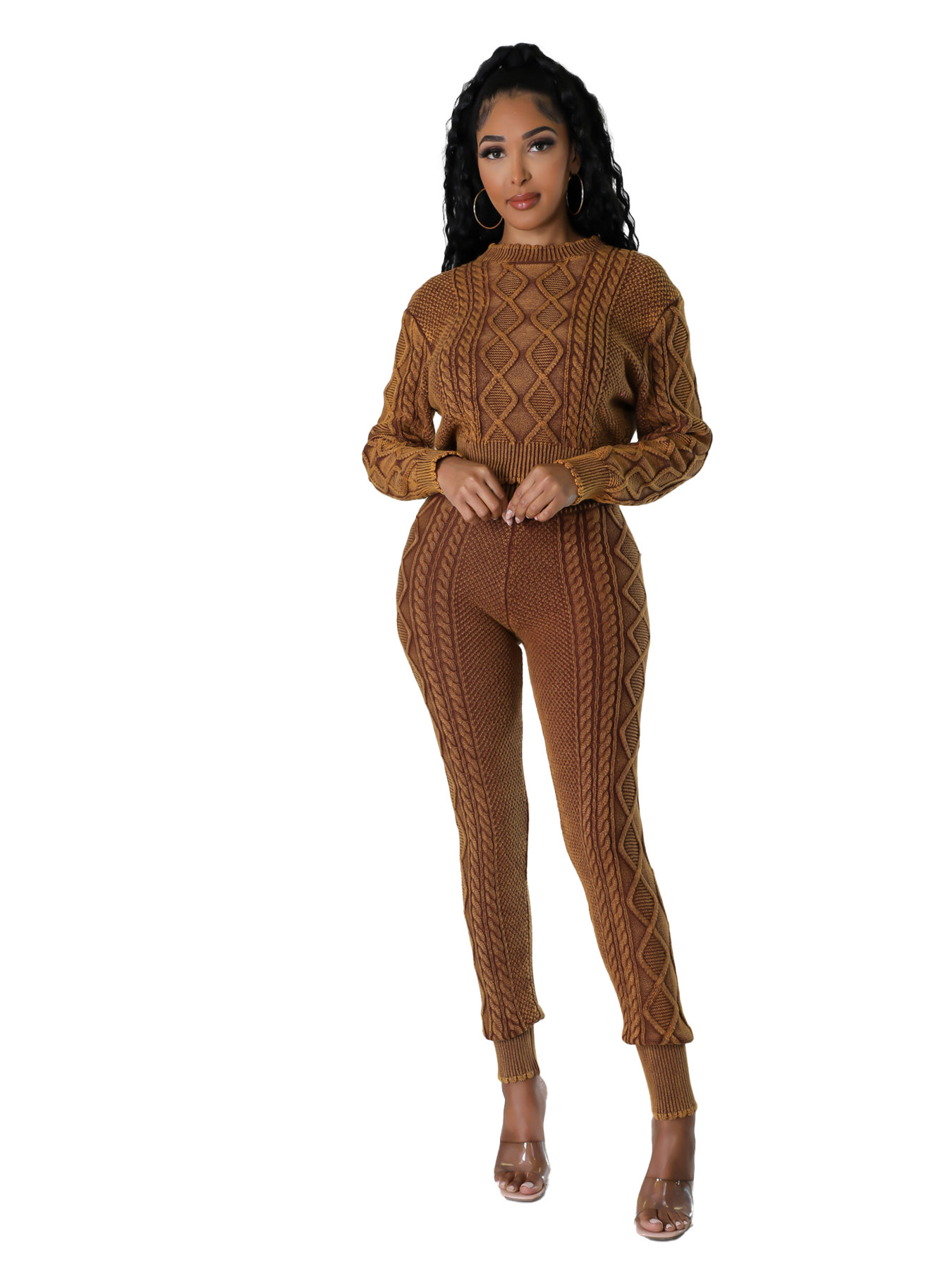 HR23111 Womens wash worn style knitting diamond Fried Dough Twists pullover sweater suit