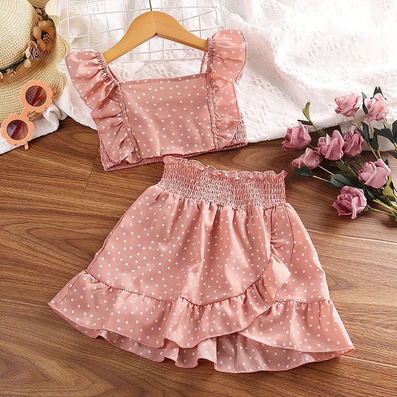 Girls Clothing Set 5-12T Tri-Color Optional Flying Sleeve Square Collar Vest Top Lace Skirts Children Girls Baby Clothes Set 250515