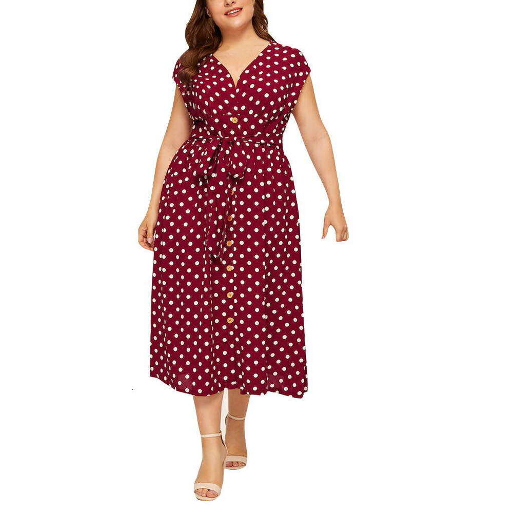 Plus Size Whitedress Vestido De Mujer Women Dresses Womens Dresses New Womens Oversized Polka Dot Dress with Button Up Strap and Waist Cinching V-neck