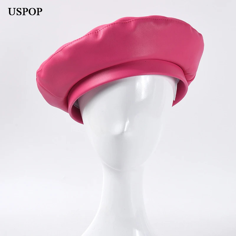 USPOP Autumn Winter Hats Women Berets Solid color PU Leather Beret Hat Rose red Berets 250514