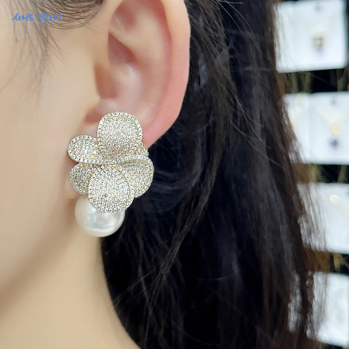 MHS.SUN Imitation Pearl Flower Earrings Women Inlaid Sparkling CZ Zircon Fashion Wedding Prom Party Jewelry Gifts 250515