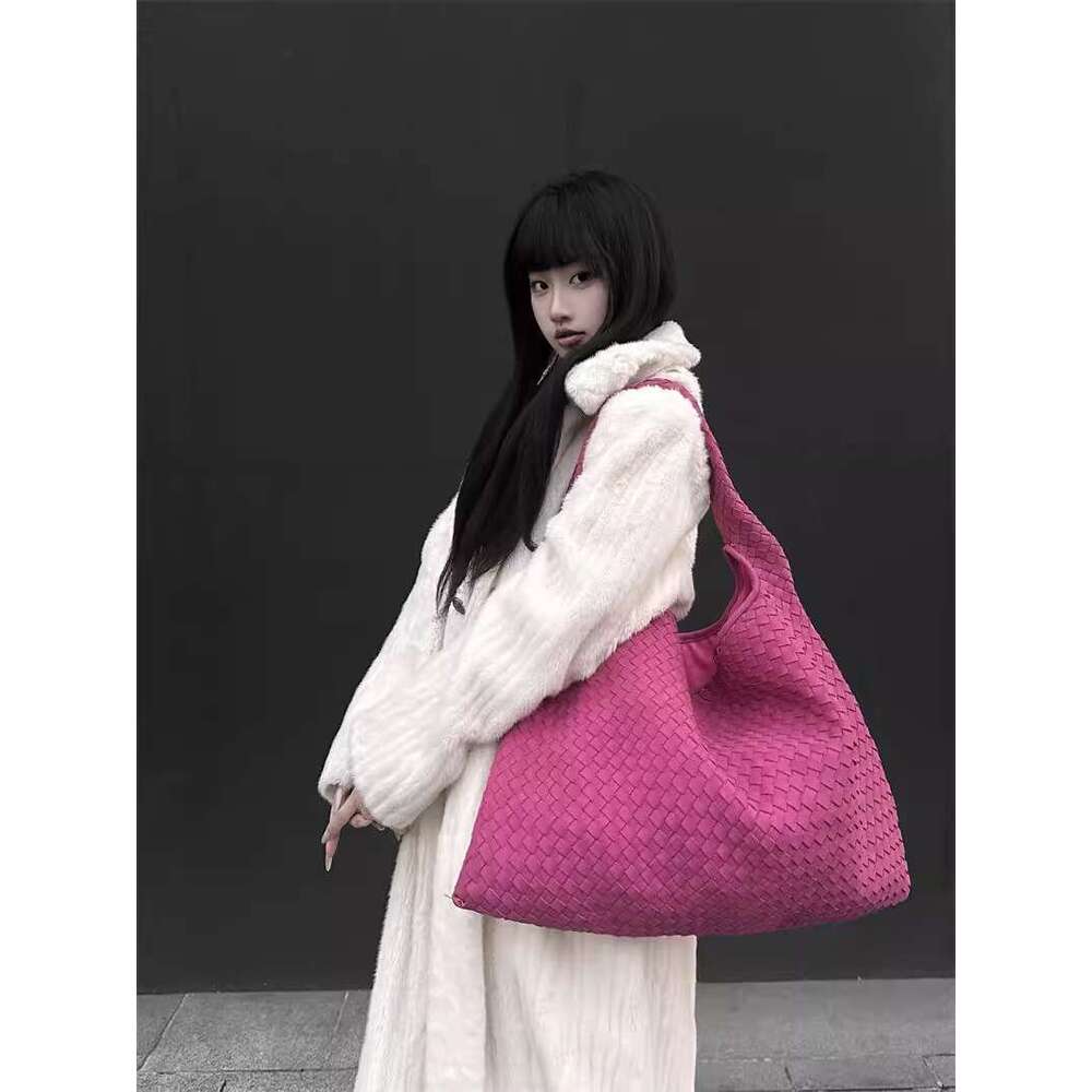 Spicy girl rose pink suede new women s frosted single shoulder tote hand woven armpit bag