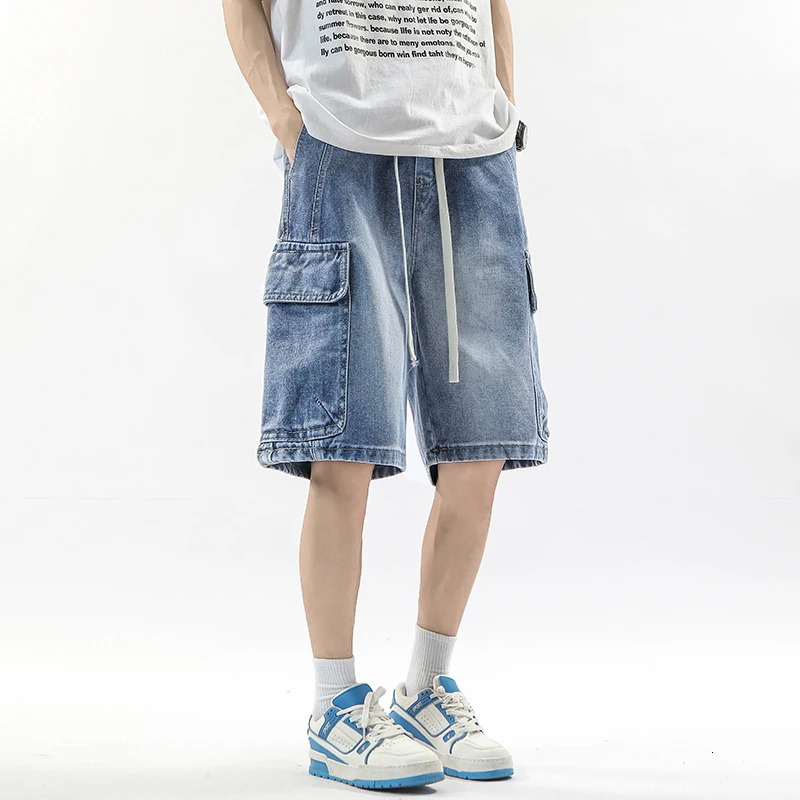 Summer Workwear Denim Shorts Street Mens Loose Straight Stretch Waist Casual Jogging Outdoor FiveCubic Pants 250515
