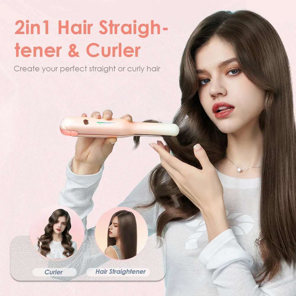 NOVUS Cordless and Curler 2 in 1 USB Mini Ceramic Fast Heating Portable Hair Straightener for New Year Gift