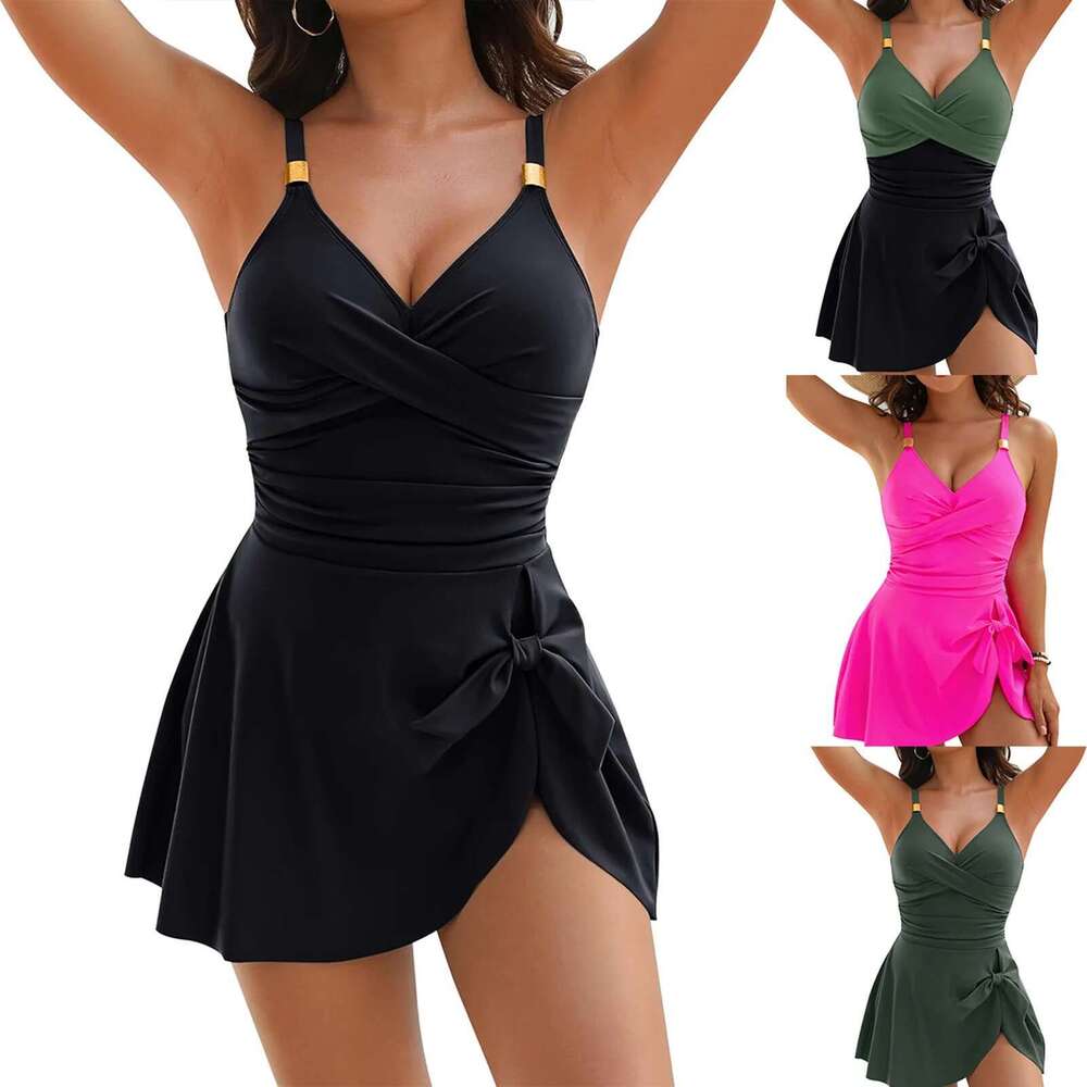 Women Summer Tankini Swimsuit Dress Solid Sleeveless Bikini Bathing Suits Female V-Neck High Waisted Skirt Beachwear Monokini