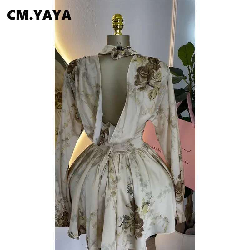 Women V-neck Long Sleeve Pleated Floral Print Mini Dress Backless Elegant Birthday Beach Night Party Vestidos Dresses