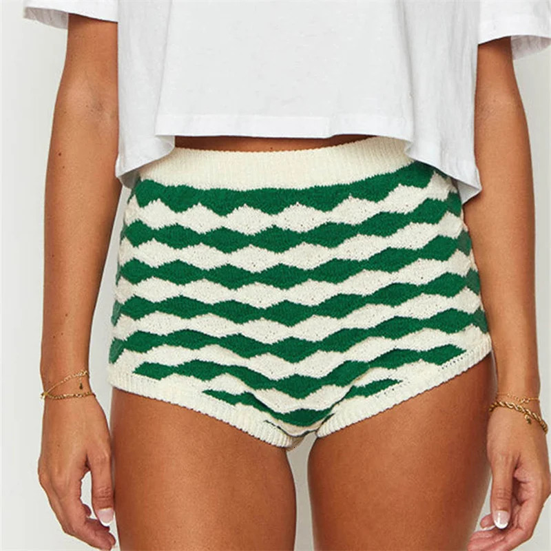 Women Y2K Aesthetic Crochet Knit Shorts Vintage Striped Low Waisted Boxer Shorts Summer Cute Mini Shorts Knitwear Loungewear 250514