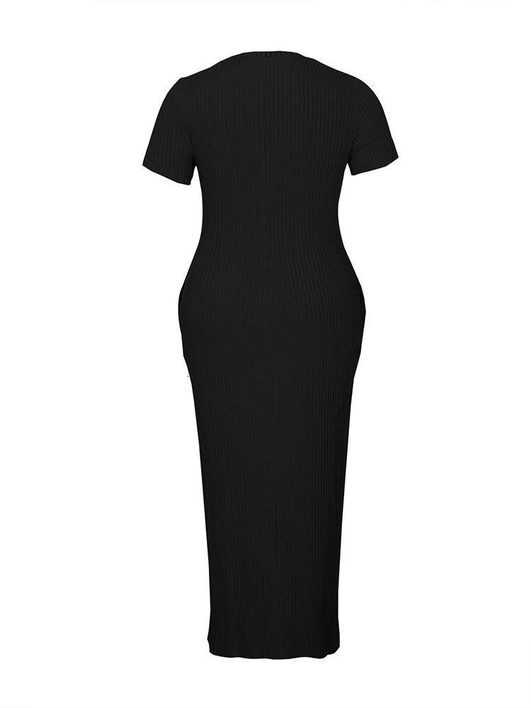 Plus Size Hollow Hip Wrap Pocket Dress Elegant Short Sleeve Round Neck Dress Basic Sexy Round Neck Short Sleeve Knit Hollow Poc 250515