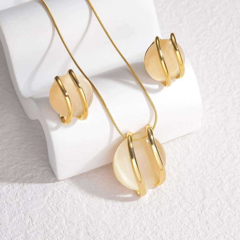 Trendy Fashion Stainless Steel Round Natural Stone Stud Earrings Necklace For Women Choker Jewelry Set Valentine's Day Gifts