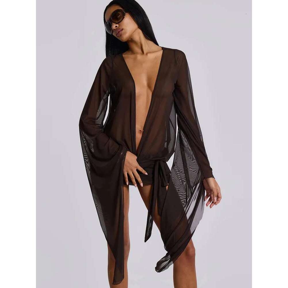 Nibber See Through Sexy Summer Dress Women Cross Bandage Low-Neck Backless Flare Sleeve Coquette Midnight Party Bodycon
