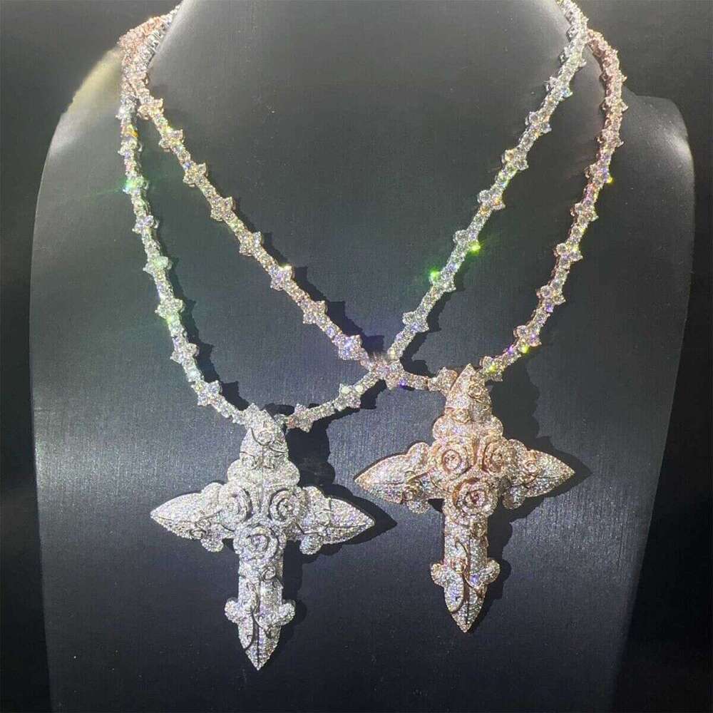 In Stock Fashion Man Jewelry Gold Color Hip Hop S VVS1 Moissanite Dia Rose Flower Cross Pendant Necklace Set