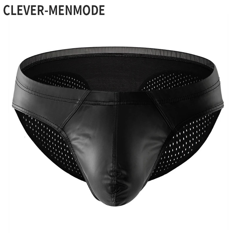 CLEVER-MENMODE Mesh Butt Pu Leather Briefs Sexy Underwear Men Penis Pouch Panties Slips Lingerie Bikini hombre Underpants 250515