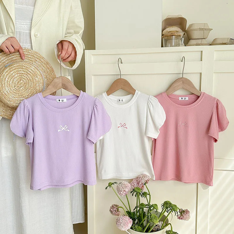 Korean Summer Bowknot Short Sleeve T-shirts For Girls 1-6 Years Cotton Toddler Girl Tops Baby Girl Tees Clothes 250515