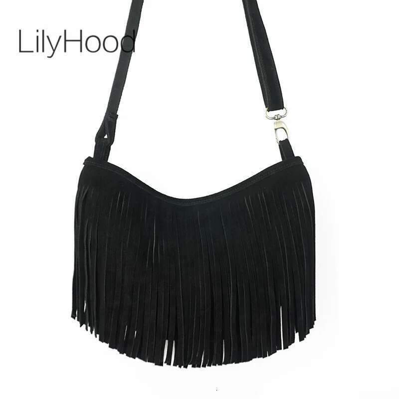 Women Genuine Leather Suede Fringed Shoulder Fashion Street Boho Hippie Gypsy Gothic Ibiza Soft Pouch Side Sling Bag