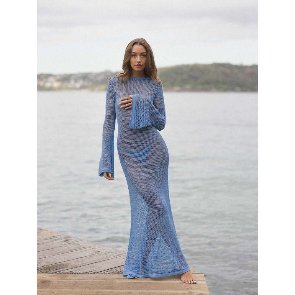 White Dress Maxi Dress Women's New Summer Knitted Sleeve Open Back Sexy Perspective Floor Sweeping Long Dress KQ