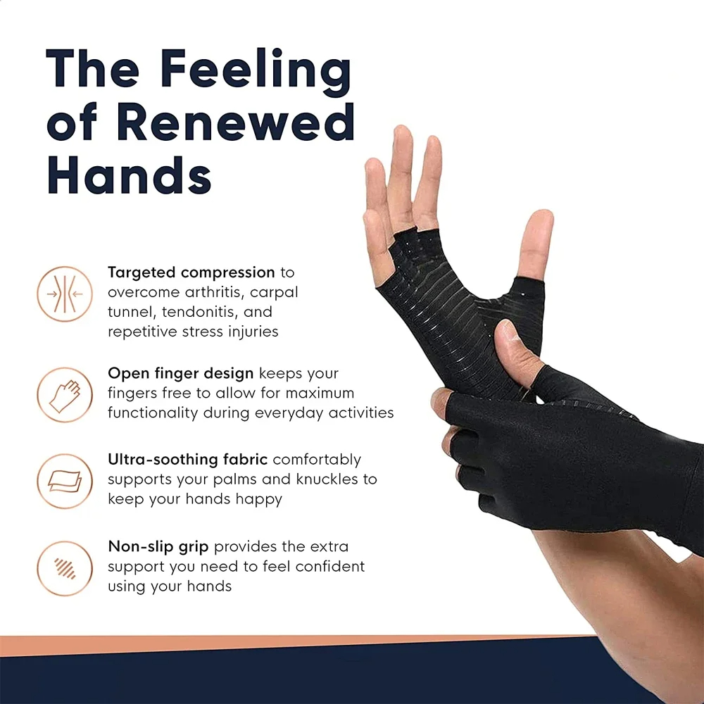2Pair Anti Slip Fiber Copper Gloves for Hand Pain Fiber Half Finger Gloves Swelling - Fingerless Gloves Carpal Tunnel Pain Wrist Support for Women Men