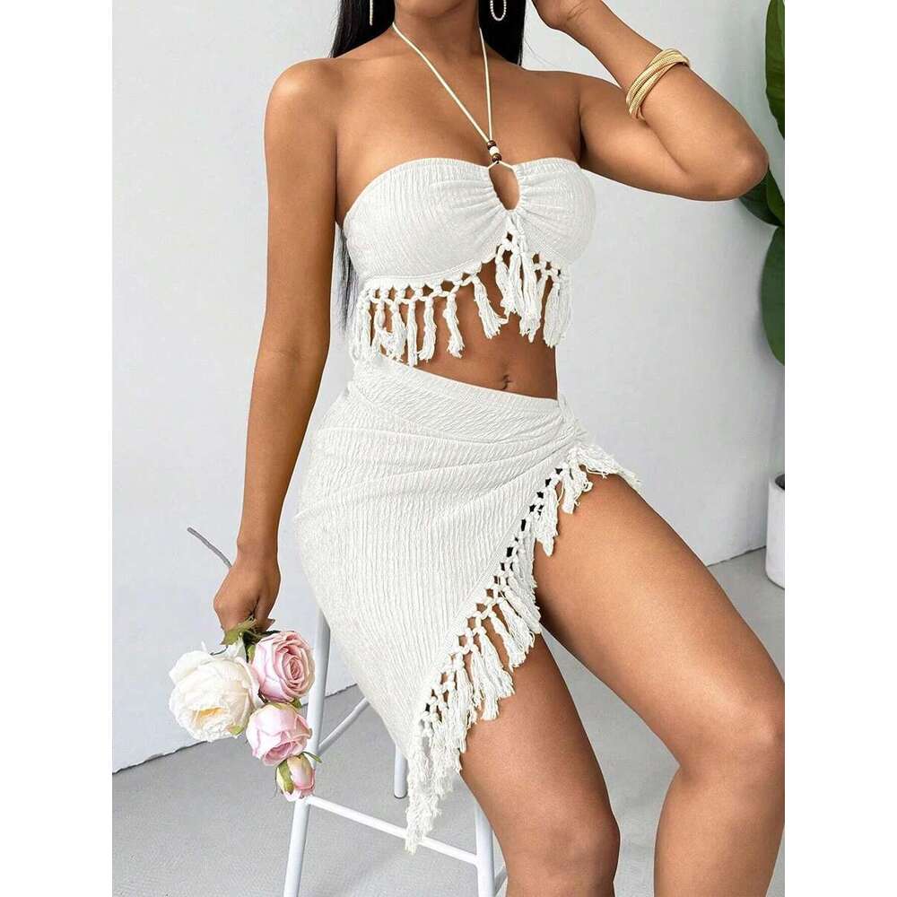 Sexy Tassels Bikini Women's Swimsuit 2025 2 Piece Swimwear Female Outfits Halter Top High Slit Skirt Set Beachwear Bathing Suits