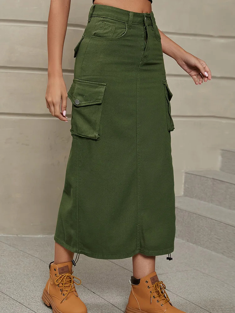 Benuynffy Women Drawstring Cargo Jean Skirt Fashion Vintage High Waist Straight Long Denim Skirts with Pockets Casual Streetwear 250515