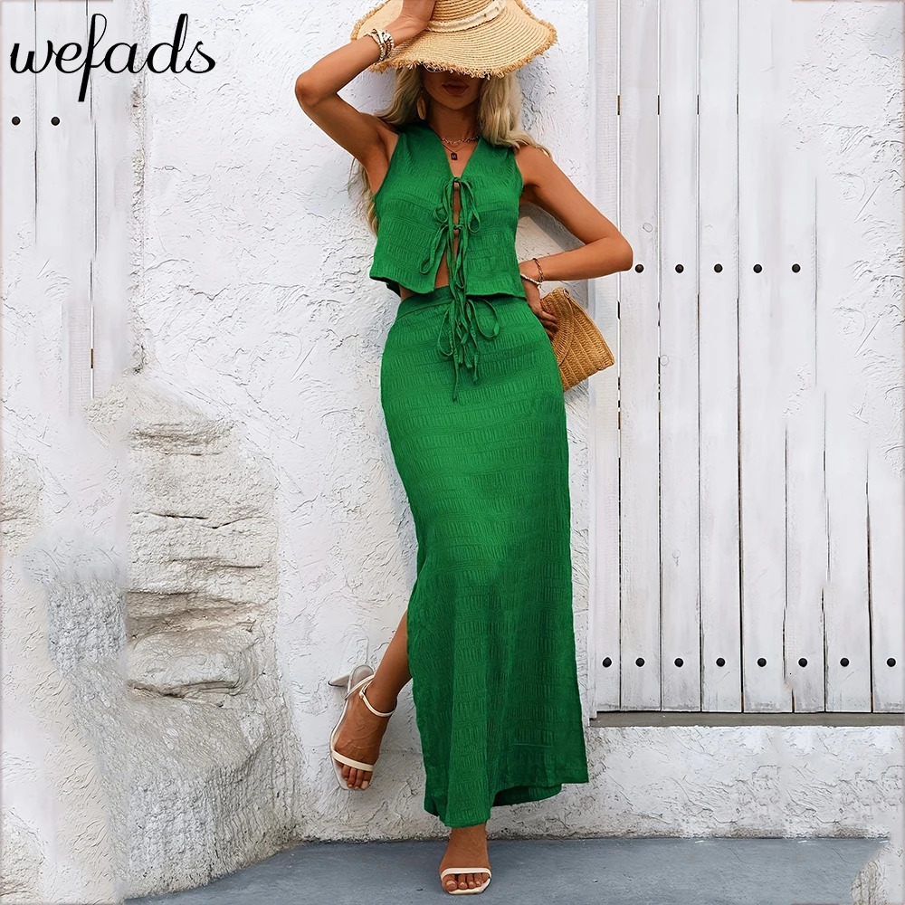 Wefads Casual Sleeveless Off Shoulder Solid Tank Top And Midi Skirt Fashion Womens Street Style 2pcs Set 250515