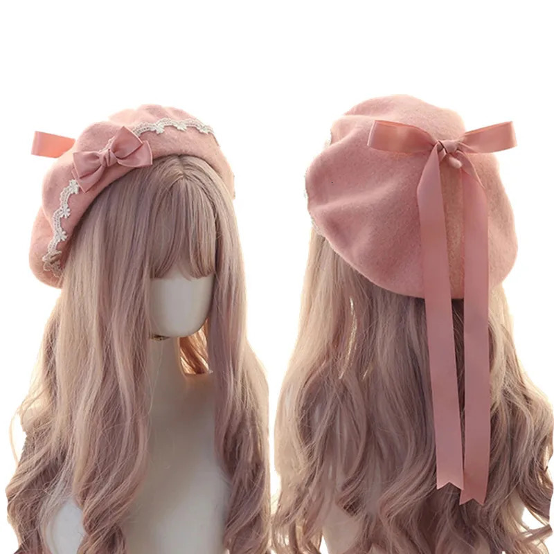 Lolita Girls Cute Bowkont Beanie Women Casual Beret Hat Painter Hat Unisex Artist Cap Dome Pink solid color decorate Wholesale 250514